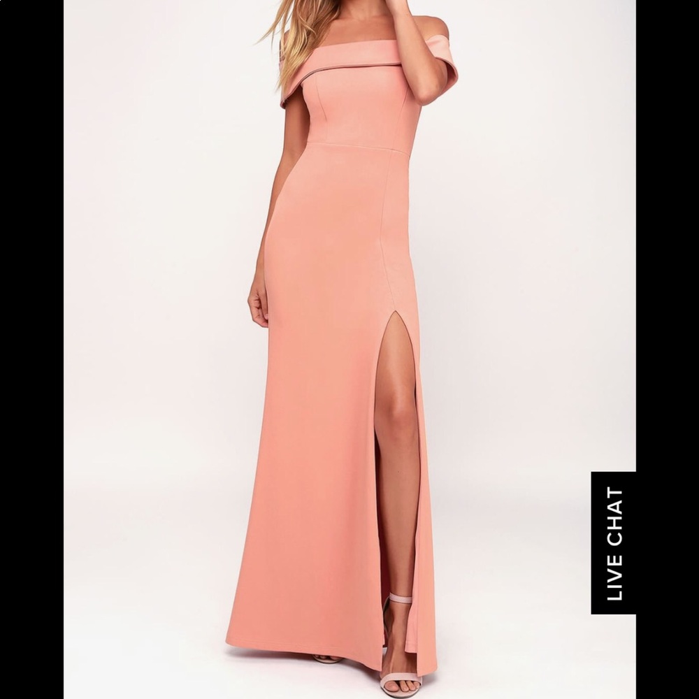 Lulu's Peach Off-Shoulder Maxi Dress with Thigh Slit
